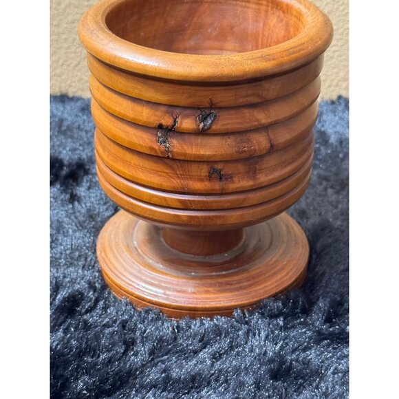 Vintage Handcrafted Turned Wooden Pedestal Bowl With Ribbed Design - Picture 2 of 7